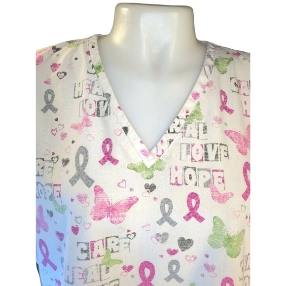 SB Scrub top XL White Breast Cancer Care Hope Heal V Neck 3 Front Pockets - Picture 1 of 8